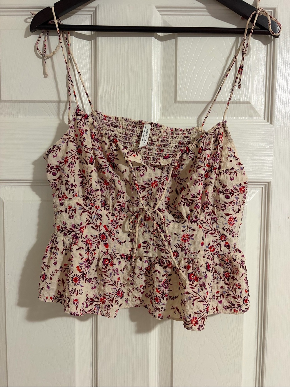 Boho Floral Tie-Front Camisole Top - Cream with Red & Purple Floral.